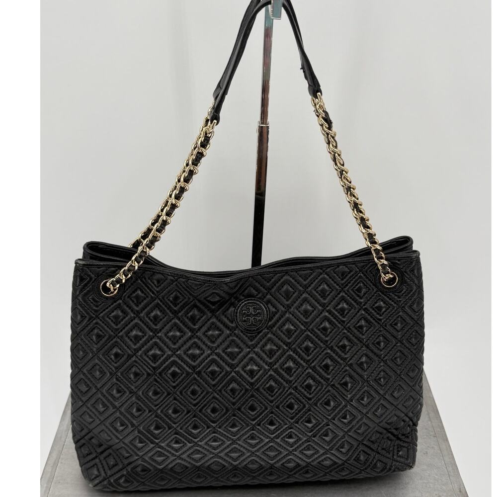 Tory Burch Fleming Black Leather Quilted Chain Tote Shoulder Bag Large Designer